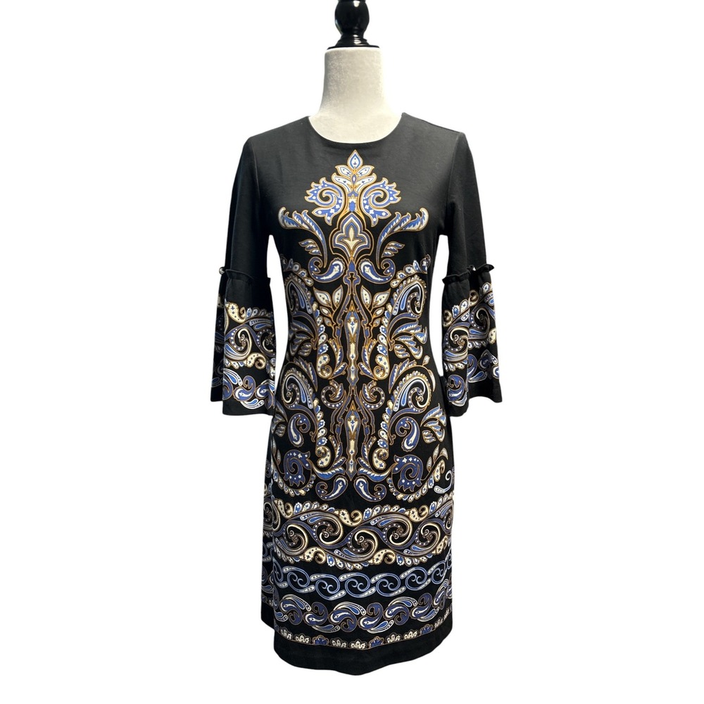 J.McLaughlin Black Blue Gold Paisley Print Ruffle Sleeve Sheath Dress Size XS